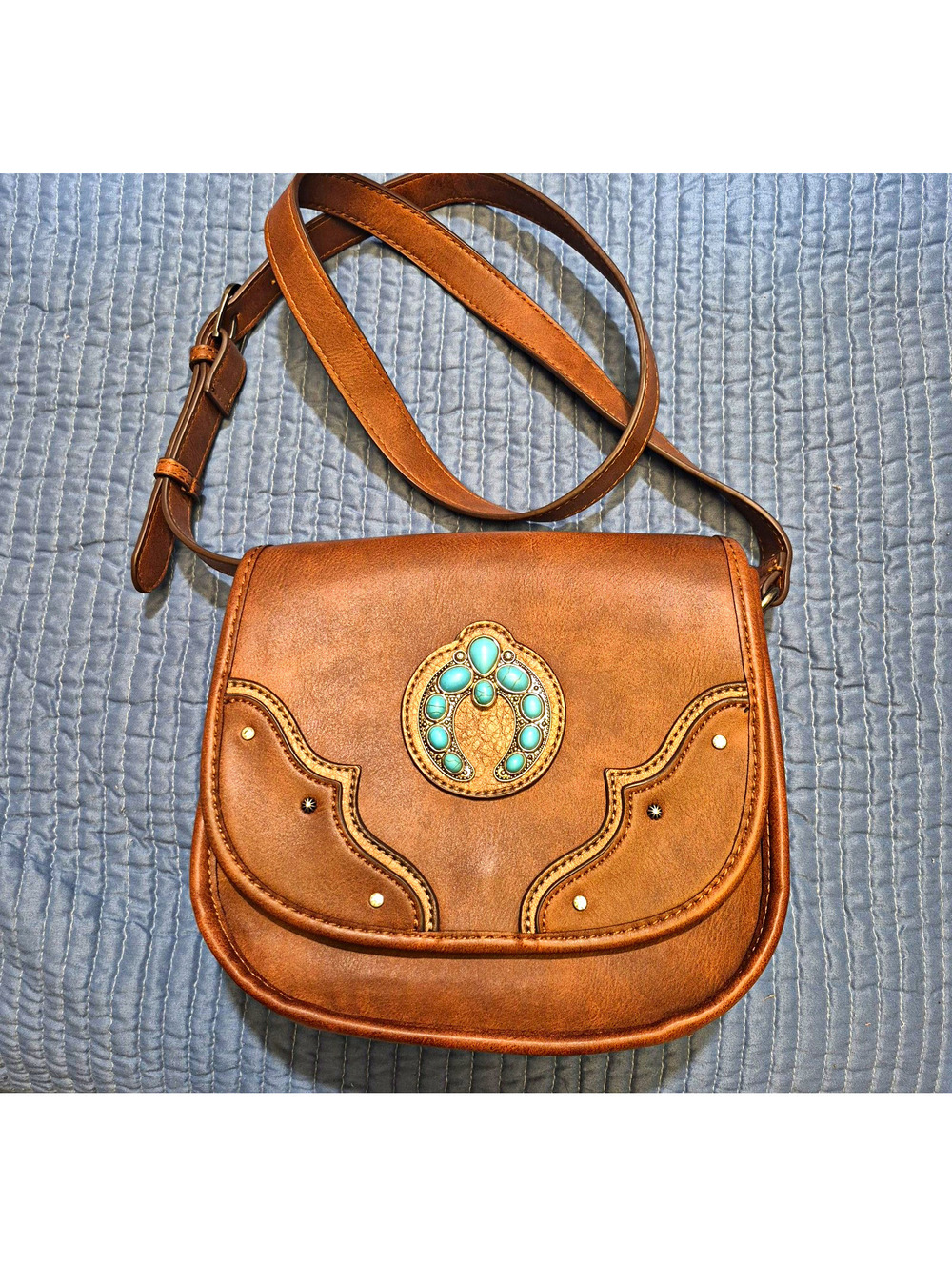 Justin Western Brown Crossbody Saddle Bag Turquoise Concho